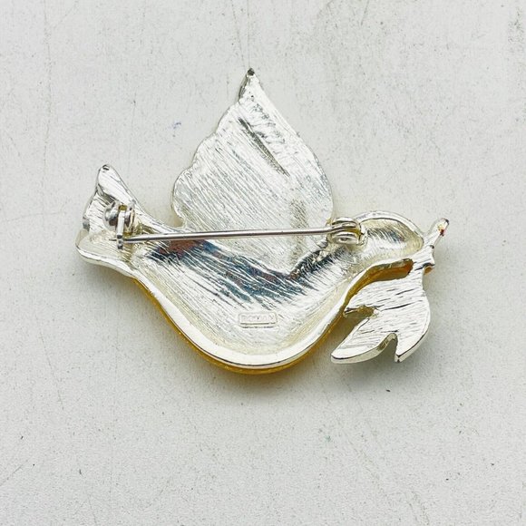 Roman Golden Dove Pin Silver Tone Rhinestone Accents Olive Branch Ark Faith - Picture 5 of 7